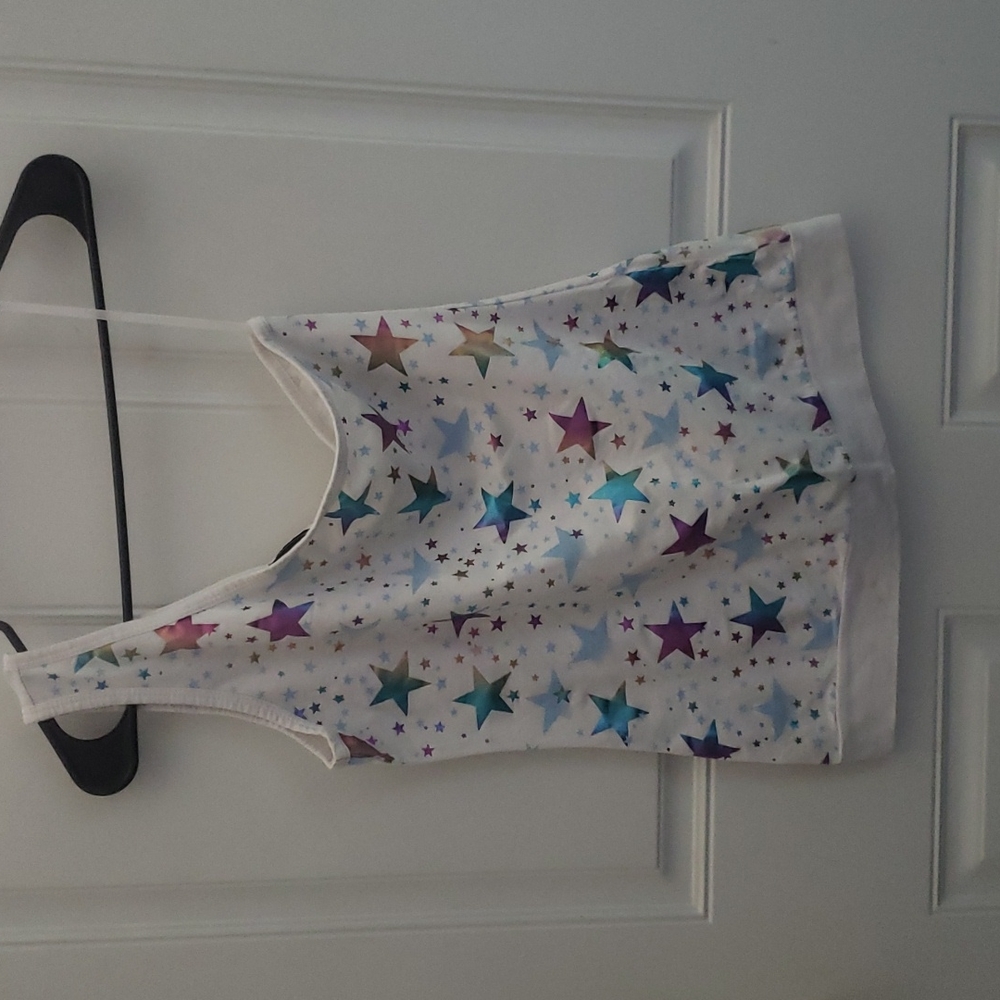 White w/metallic stars one shoulder tank sz Lg